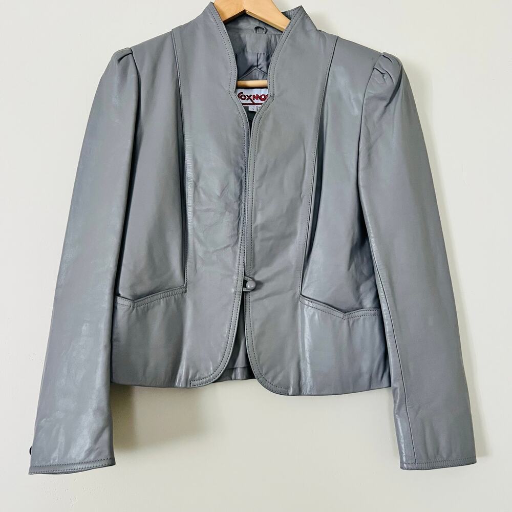 Vintage Foxmoor‎ Women's Leather Blazer Jacket Gray Fitted Sz 7 Retro 80s